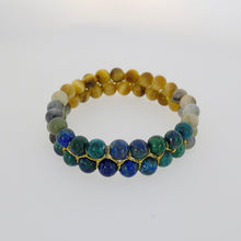 Load image into Gallery viewer, Gemstone bracelet by Pellara. attraction, made of azurite malachite, Tiger’s eye &amp; Indian Jade. 6, 8 &amp; 10mm stones