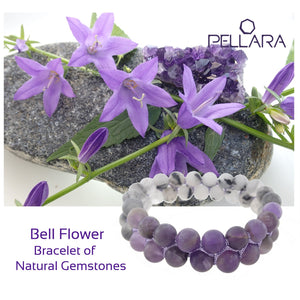 Gemstone bracelet by Pellara, inspired by bell flower, made of White rutilated quartz & Amethyst. Pisces & Leo zodiacs. 8mm