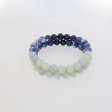 Load image into Gallery viewer, Gemstone bracelet by Pellara, inspired by Blue Jay, made of Amazonite, Sodalite, Blue Tiger eye. 6, 8 &amp; 10mm. Third eye, Throat and Heart chakra