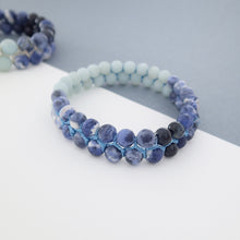 Load image into Gallery viewer, Gemstone bracelet by Pellara, inspired by Blue Jay, made of Amazonite, Sodalite, Blue Tiger. Aries, Scorpio, Gemini, Pisces &amp; Leo zodiacs. 6, 8 &amp; 10mm. 