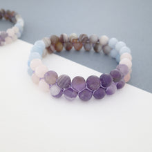 Load image into Gallery viewer, Gemstone bracelet, Essence of Memory by Pellara. Made of Agate, Amethyst and Beryl. Birthstone gift for Aries, Leo, Virgo and Pisces zodiacs. 