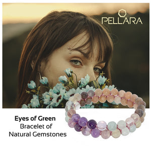 emstone bracelet, Eyes of Green by Pellara. Made of Sunstone, Moonstone & Flourite, The Crown, Third Eye, Throat, Heart and Sacral chakras.