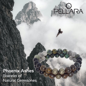 Gemstone bracelet by Pellara, myth of Phoenix ashes, made of Pyrite, Rutilated Quartz, Grey Quartz, Obsidian, Bronzite & Turquoise
