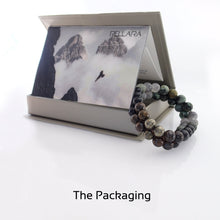 Load image into Gallery viewer, Gift Package for Gemstone bracelet by Pellara, myth of Phoenix ashes, made of Pyrite, Rutilated Quartz, Grey Quartz, Obsidian, Bronzite &amp; Turquoise