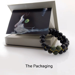 Gift Package for Gemstone bracelet, Shades of Black by Pellara. Made of Jade, Obsidian, Agate & onyx. The Heart & Base chakras.