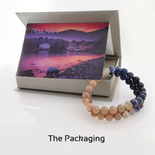 Load image into Gallery viewer, Gift package Gemstone bracelet, Twilight by Pellara. Made of Sunstone, Moonstone, Blue Tiger Eye and Sodalite. Birthstone gift for Cancer, Gemini &amp; Pisces 