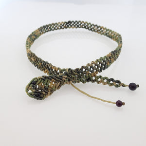 Cute baby snakes in modern macrame bracelet or choker, by Pellara, designed and made in Canada. Adjustable. Gift for nature lovers. green viper