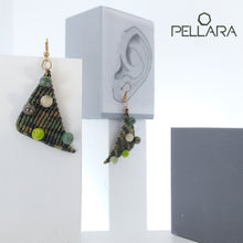 Load image into Gallery viewer, Triangle macrame earrings, Handmade in Canada, Drop earrings, Colour variation, Natural gemstones, Base alloy hooks, Camuflage Green