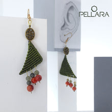 Load image into Gallery viewer, Triangle macrame earrings, Handmade in Canada, Drop earrings, Colour variation, Natural gemstones, Base alloy hooks, Jade Green