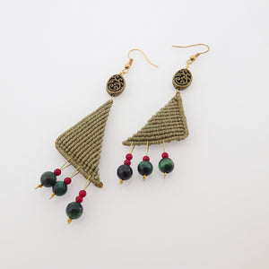 Triangle macrame earrings, Handmade in Canada, Drop earrings, Colour variation, Natural gemstones, Base alloy hooks, Dark Khaki