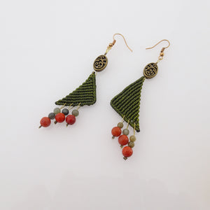 Triangle macrame earrings, Handmade in Canada, Drop earrings, Colour variation, Natural gemstones, Base alloy hooks, Jade Green