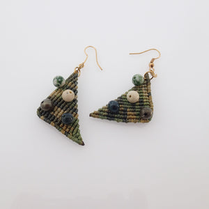 Triangle macrame earrings, Handmade in Canada, Drop earrings, Colour variation, Natural gemstones, Base alloy hooks, Camuflage Green