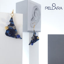 Load image into Gallery viewer, Triangle macrame earrings, Handmade in Canada, Drop earrings, Colour variation, Natural gemstones, Base alloy hooks, Camuflage Blue