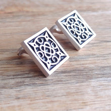 Load image into Gallery viewer, SWIRLING HEAVENS, Set of Cufflinks and Bracelet, Sterling Silver and Natural Leather