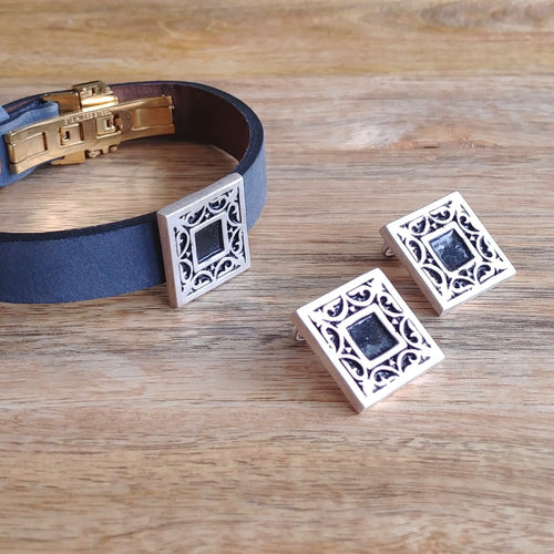 GARDEN and LIN, Set of Cufflinks and Bracelet, Sterling Silver and Natural Leather