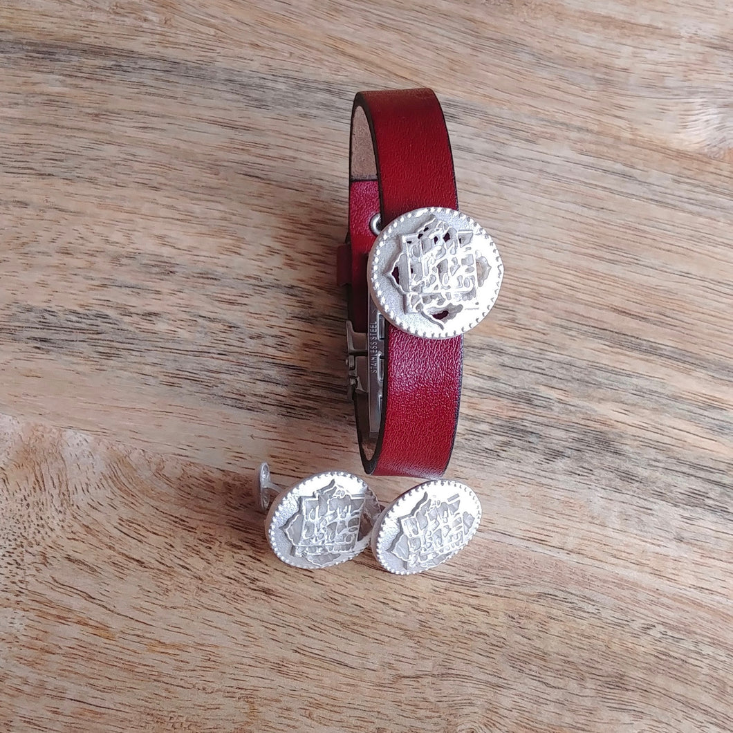 COINS, Set of Cufflinks and Bracelet, Sterling Silver and Natural Leather