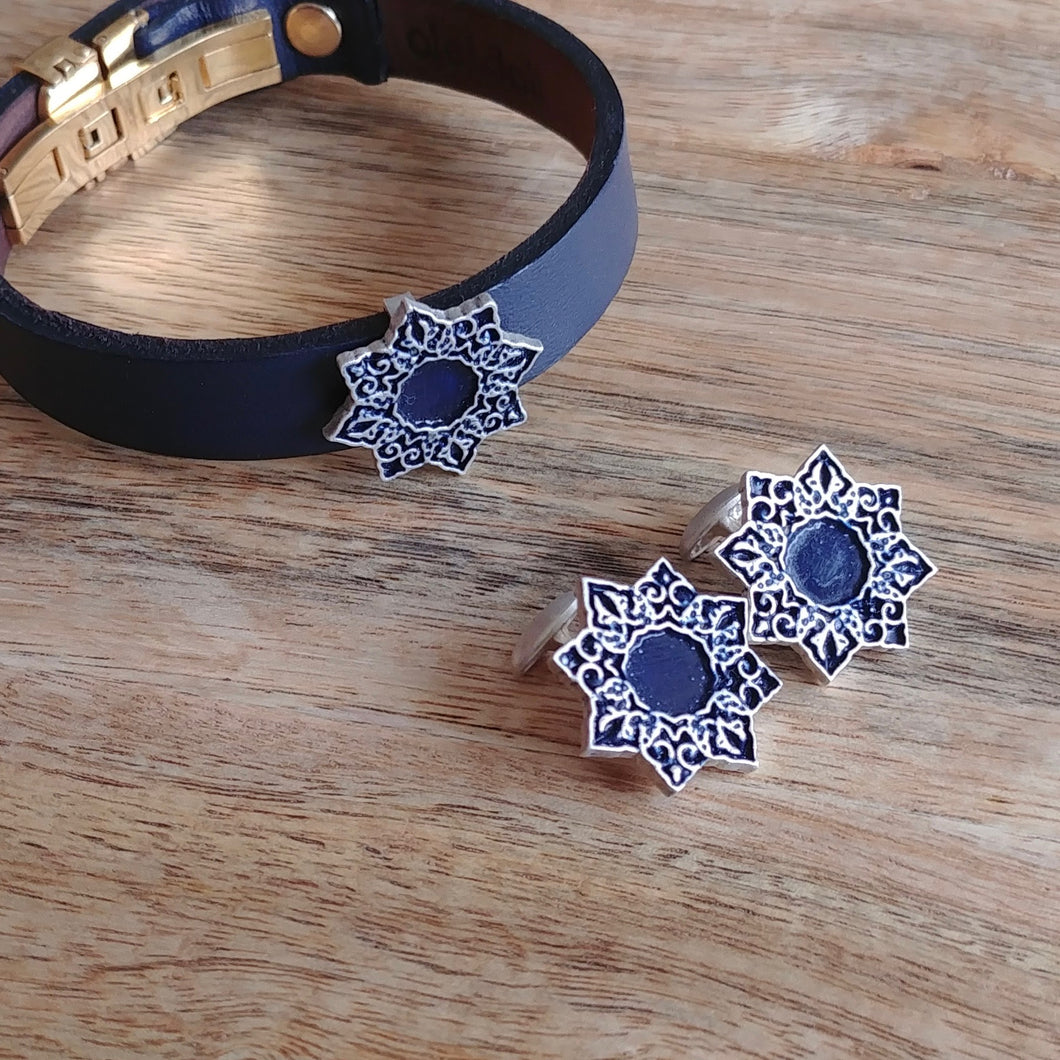 SHAMSA, Set of Cufflinks and Bracelet, Sterling Silver and Natural Leather