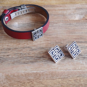 WINDOWS, Set of Cufflinks and Bracelet, Sterling Silver and Natural Leather