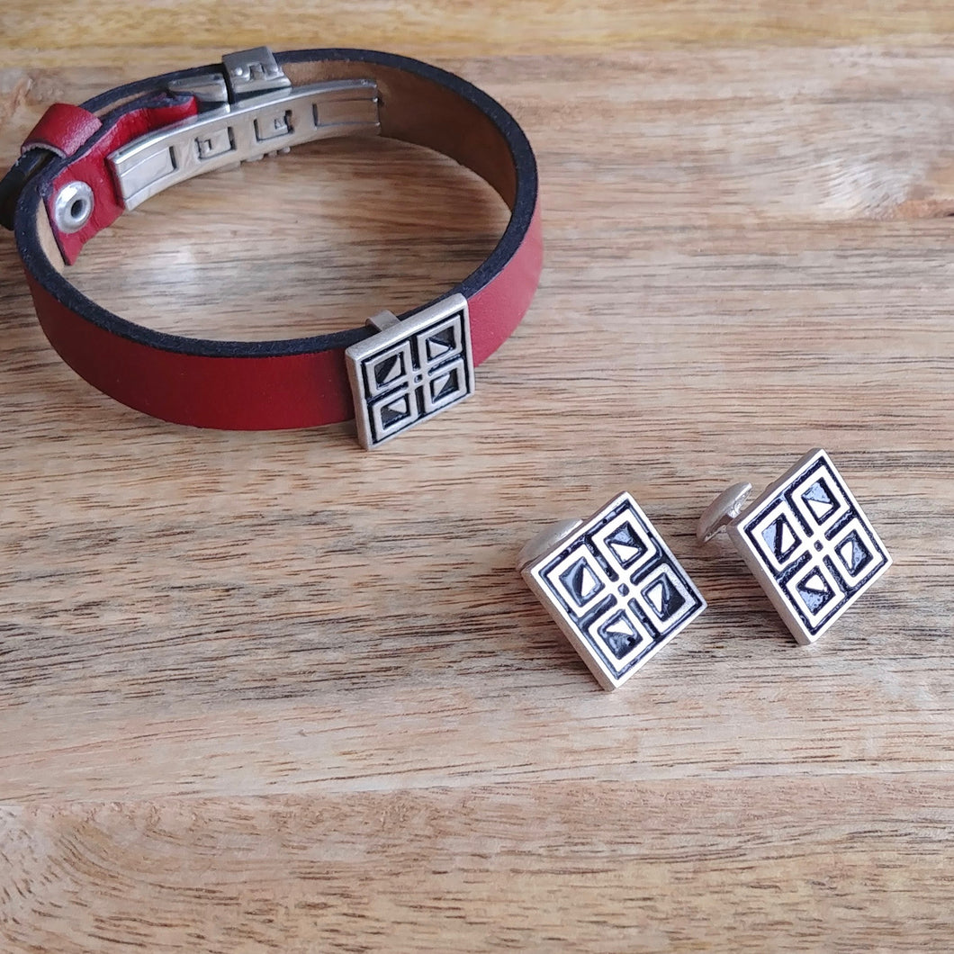 WINDOWS, Set of Cufflinks and Bracelet, Sterling Silver and Natural Leather