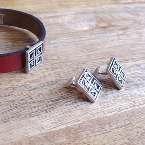 WINDOWS, Set of Cufflinks and Bracelet, Sterling Silver and Natural Leather