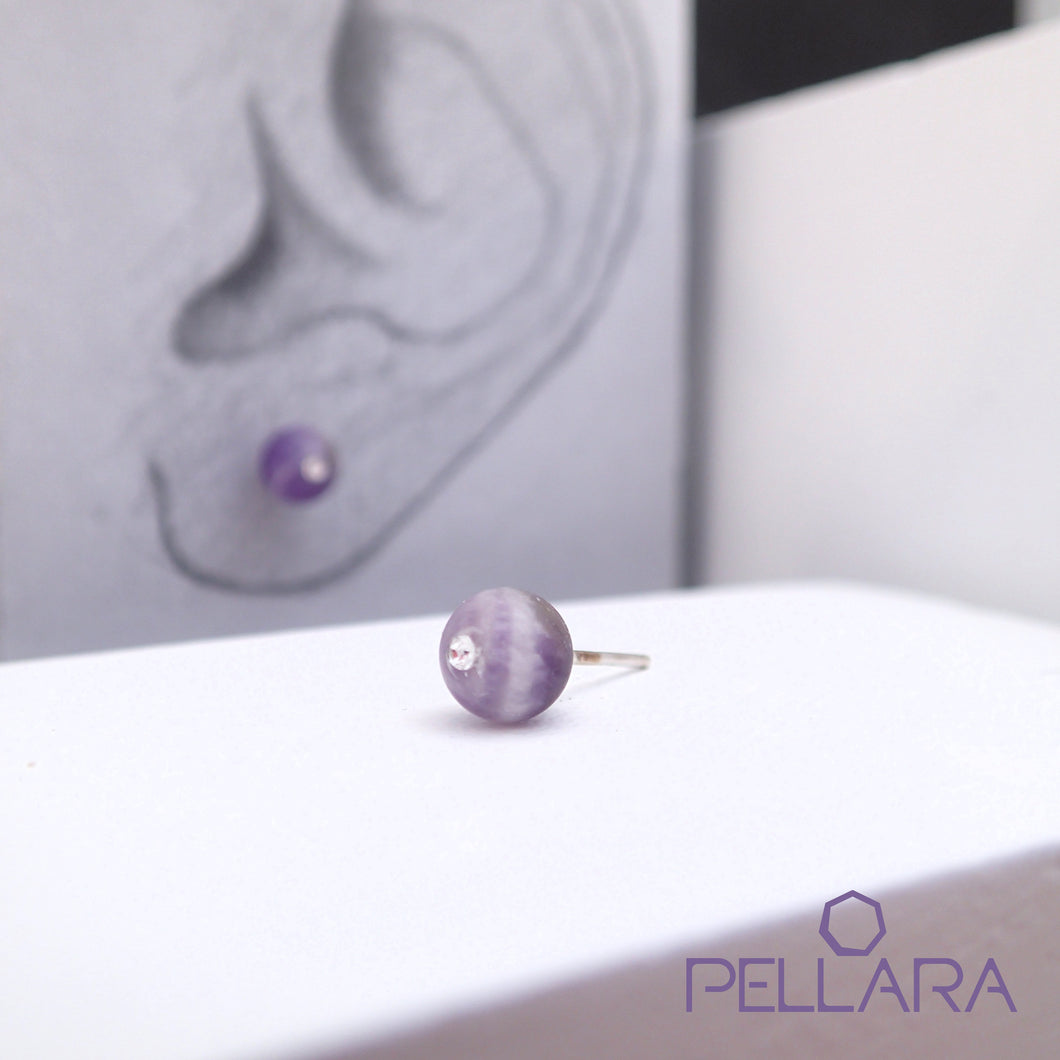 Sterling silver natural gemstone stud earrings contains a sparkling piece of Cubic Zirconia. Very light and hypo-allergenic, 6mm or 8mm beads. Amethyst