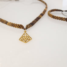 Load image into Gallery viewer, Dark Brown macrame jewellery set, Necklace and bracelet, golden plated stainless steel pendant. Adjustable, Handmade