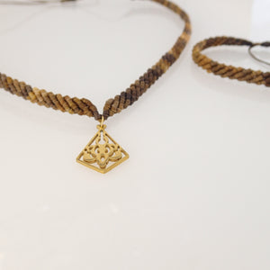 Dark Brown macrame jewellery set, Necklace and bracelet, golden plated stainless steel pendant. Adjustable, Handmade
