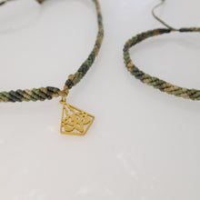 Load image into Gallery viewer, Camouflage green macrame jewellery set, Necklace and bracelet, golden plated stainless steel or Sterling silver pendant. Adjustable, Handmade