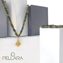 Load image into Gallery viewer, Camouflage green macrame jewellery set, Necklace and bracelet, golden plated stainless steel or Sterling silver pendant. Adjustable, Handmade