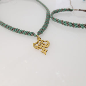 Golden plated macrame jewellery set, Necklace and bracelet, golden plated stainless steel pendant. Adjustable, Handmade