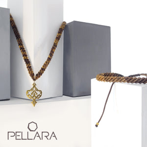 Dark Brown macrame jewellery set, Necklace and bracelet, golden plated stainless steel pendant. Adjustable, Handmade