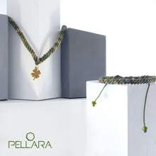 Load image into Gallery viewer, Camouflage green macrame jewellery set, Necklace and bracelet, golden plated stainless steel or Sterling silver pendant. Adjustable, Handmade