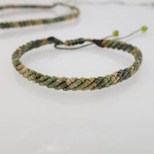 Load image into Gallery viewer, Camouflage green macrame jewellery set, Necklace and bracelet, golden plated stainless steel or Sterling silver pendant. Adjustable, Handmade