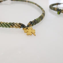 Load image into Gallery viewer, Camouflage green macrame jewellery set, Necklace and bracelet, golden plated stainless steel or Sterling silver pendant. Adjustable, Handmade