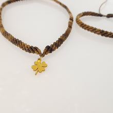 Load image into Gallery viewer, Dark Brown macrame jewellery set, Necklace and bracelet, golden plated stainless steel pendant. Adjustable, Handmade