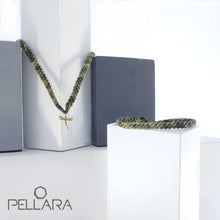 Load image into Gallery viewer, Camouflage green macrame jewellery set, Necklace and bracelet, golden plated stainless steel or Sterling silver pendant. Adjustable, Handmade