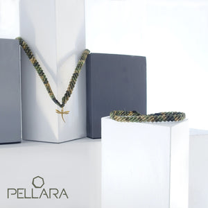 Camouflage green macrame jewellery set, Necklace and bracelet, golden plated stainless steel or Sterling silver pendant. Adjustable, Handmade