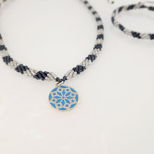 Load image into Gallery viewer, Royal Blue macrame jewellery set, Necklace and bracelet, golden plated stainless steel or Sterling silver pendant. Adjustable, Handmade