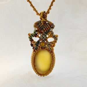Yellow Agate Khaki Micro Macrame Set of Bracelet, Necklace, Choker, ring and a Pair of Earrings
