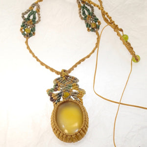 Yellow Agate Khaki Micro Macrame Set of Bracelet, Necklace, Choker, ring and a Pair of Earrings