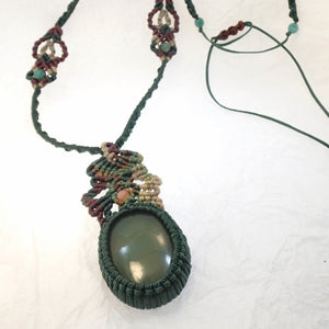 Dark Green Agate Micro Macrame Set of Bracelet, Necklace, Choker and Two Pairs of Earrings