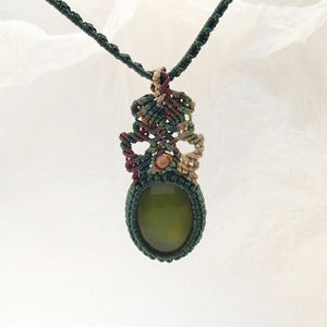 Dark Green Agate Micro Macrame Set of Bracelet, Necklace, Choker and Two Pairs of Earrings