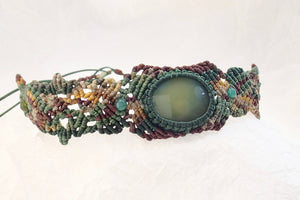 Dark Green Agate Micro Macrame Set of Bracelet, Necklace, Choker and Two Pairs of Earrings