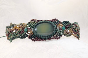 Dark Green Agate Micro Macrame Set of Bracelet, Necklace, Choker and Two Pairs of Earrings