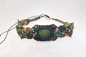 Dark Green Agate Micro Macrame Set of Bracelet, Necklace, Choker and Two Pairs of Earrings