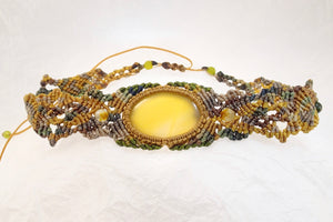 Yellow Agate Khaki Micro Macrame Set of Bracelet, Necklace, Choker, ring and a Pair of Earrings