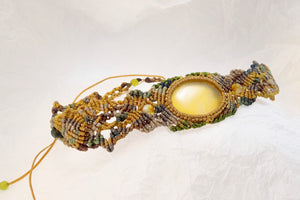 Yellow Agate Khaki Micro Macrame Set of Bracelet, Necklace, Choker, ring and a Pair of Earrings