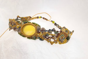 Yellow Agate Khaki Micro Macrame Set of Bracelet, Necklace, Choker, ring and a Pair of Earrings