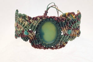 Dark Green Agate Micro Macrame Set of Bracelet, Necklace, Choker and Two Pairs of Earrings