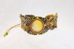 Yellow Agate Khaki Micro Macrame Set of Bracelet, Necklace, Choker, ring and a Pair of Earrings